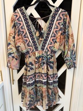 Haute Hippie Boho Tassel V-Neck Tiered coverup or Dress - Multicolor Floral
